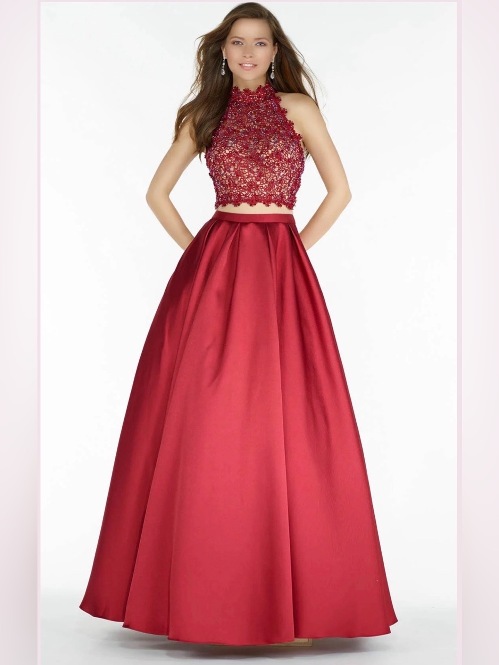 Alyce Paris Burgundy Beaded Halter Ball Gown Open Back Prom Dress Size 14